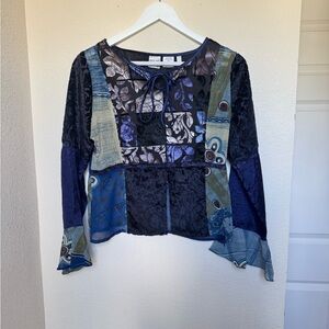 Boho Patchwork Navy Floral Tie-Neck Blouse